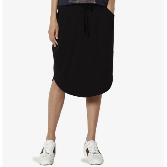 Women Drawstring Elastic Waist Dolphin Hem Stretch Jersey Midi Skirt Black L/XL - Picture 2 of 11